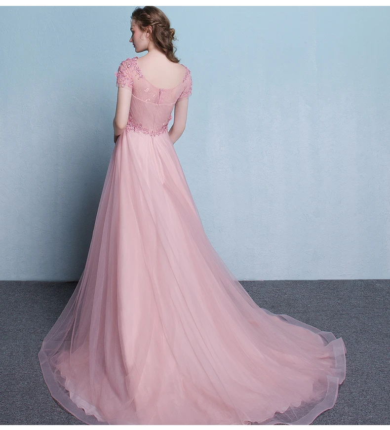 Lovely Pink Tulle Long Flowers And Lace Applique Long Formal Gown prom Dress cg21793