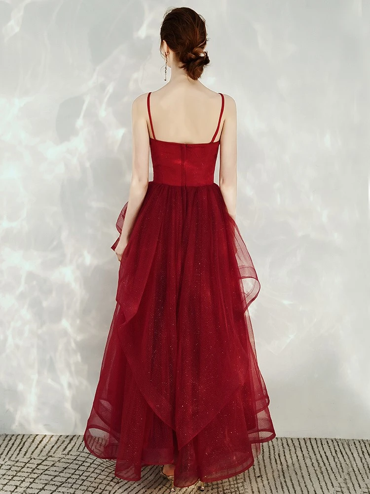 Dark Red Straps V-Neckline Layers Long Formal Dress, Burgundy Low Back Tulle Prom Dress cg21797
