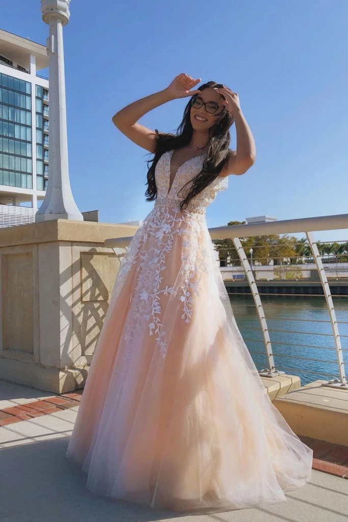 PINK V NECK TULLE LACE LONG PROM DRESS PINK TULLE. FORMAL DRESS cg21800