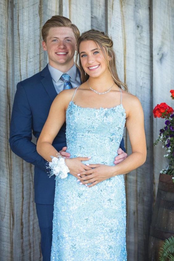 mermaid blue lace long prom dress with spaghetti straps cg21817