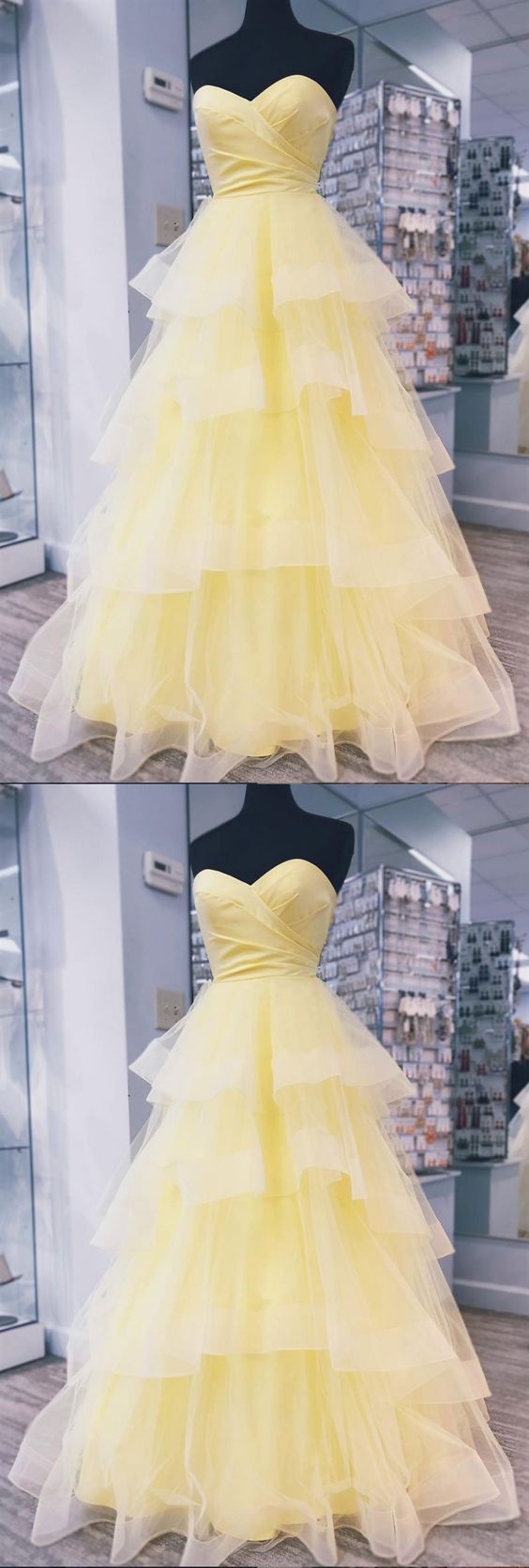 Sweethart Neck Floor Length Yellow Puffy Prom Dresses, Yellow Floor Length Puffy Formal Graduation Evening Dresses cg2182