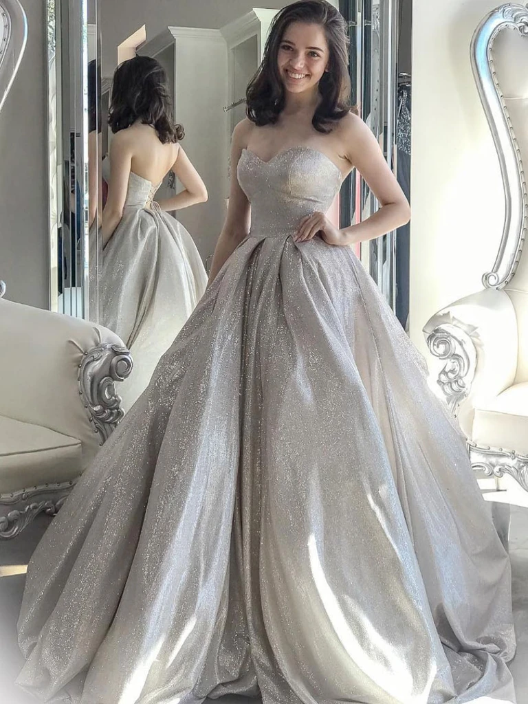GRAY SWEETHEART NECK TULLE SEQUIN LONG PROM DRESS GRAY FORMAL DRESS cg21832