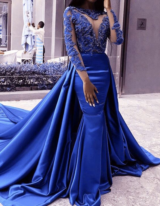 blue mermaid evening lace long sleeves satin prom gowns cg21838