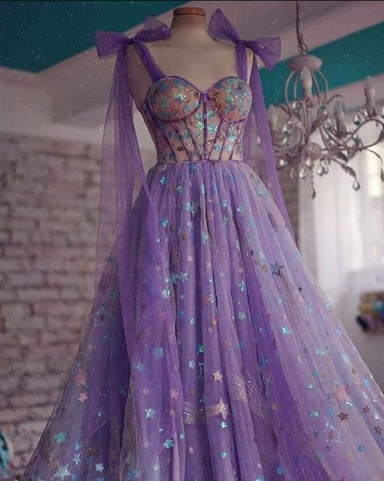 A-line purple tulle long prom dress,charming prom dress cg21847