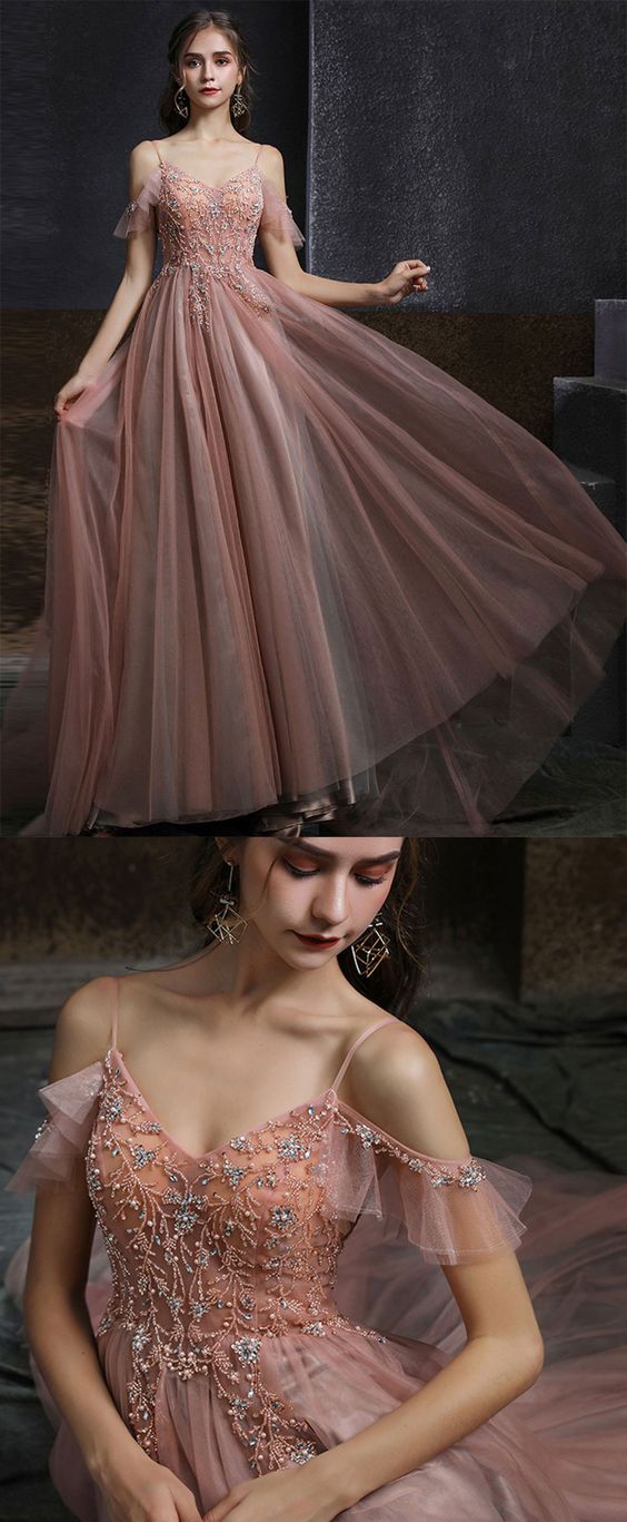 Pink v neck tulle beads long prom dress pink tulle formal dress cg21851