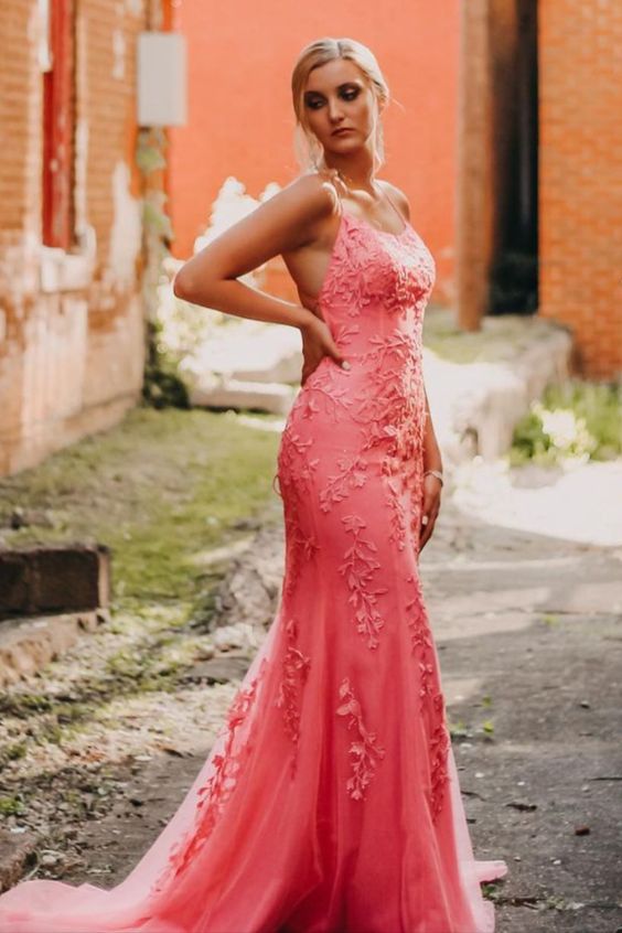 2022 mermaid pink lace appliques long prom dress cg21859