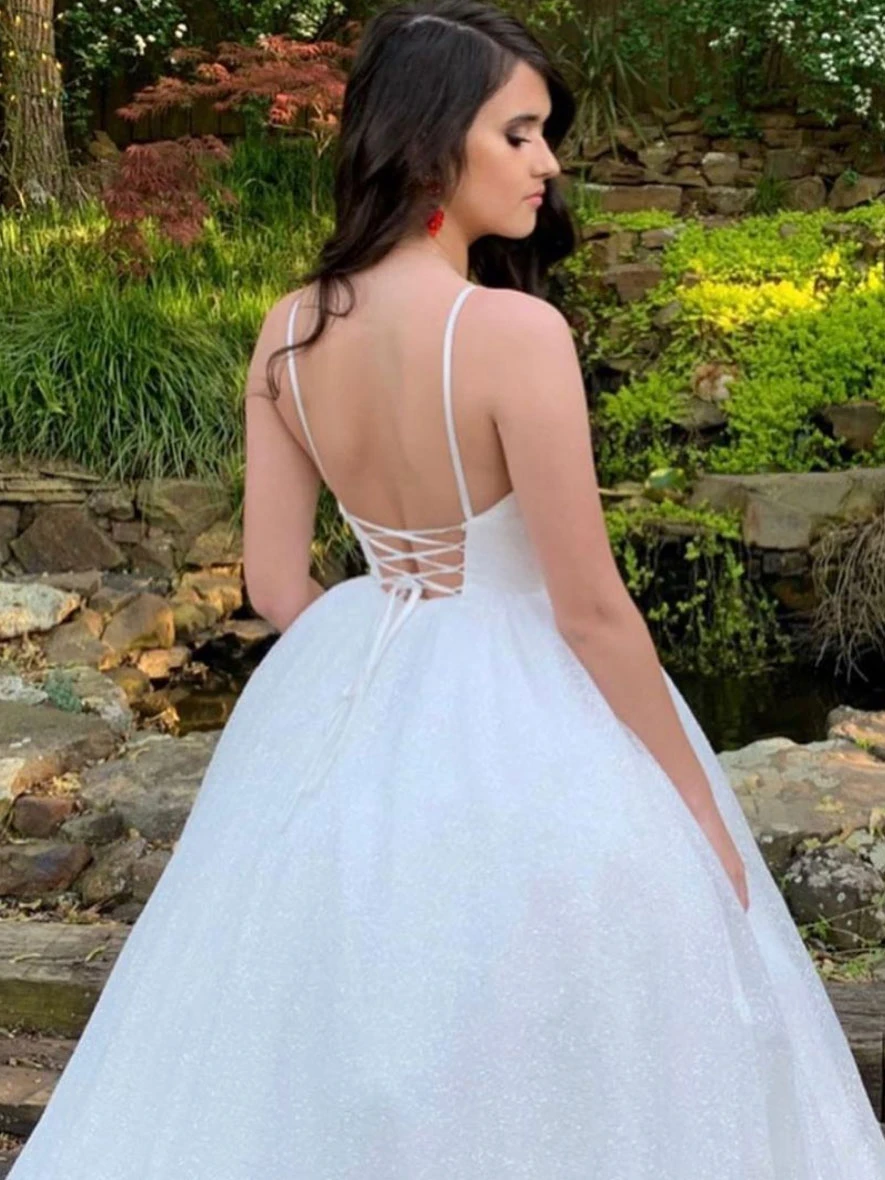 White v neck sequin tulle long prom dress white tulle formal dress cg21865