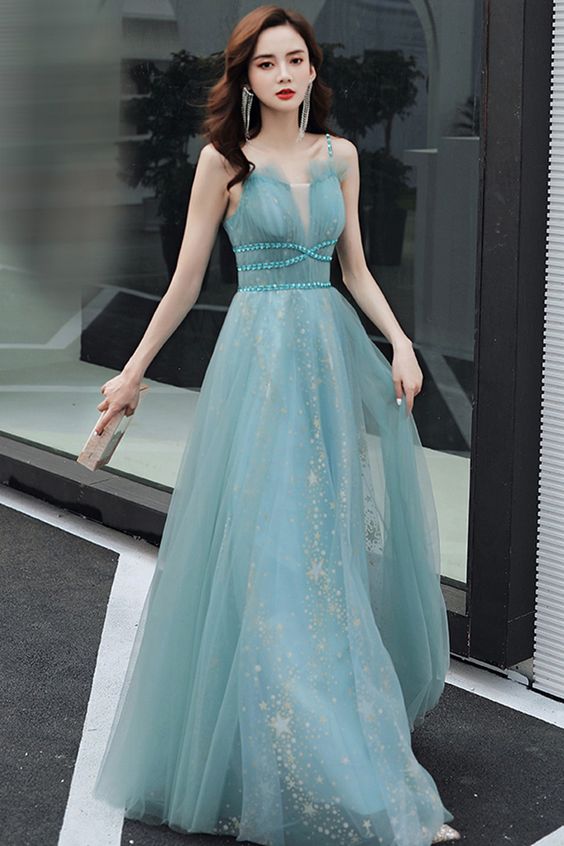 Blue Tulle Long A Line Prom Dress Evening Dress cg21871