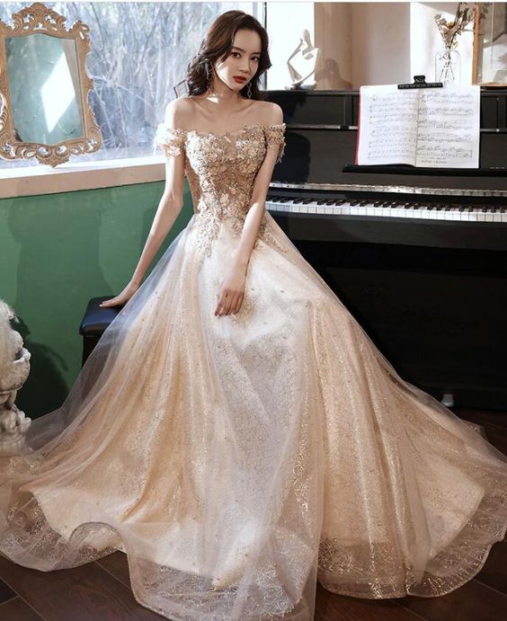 Beautiful Light Champagne Long Flowers Lace Party Dress, Tulle Shiny Prom Dress cg21914