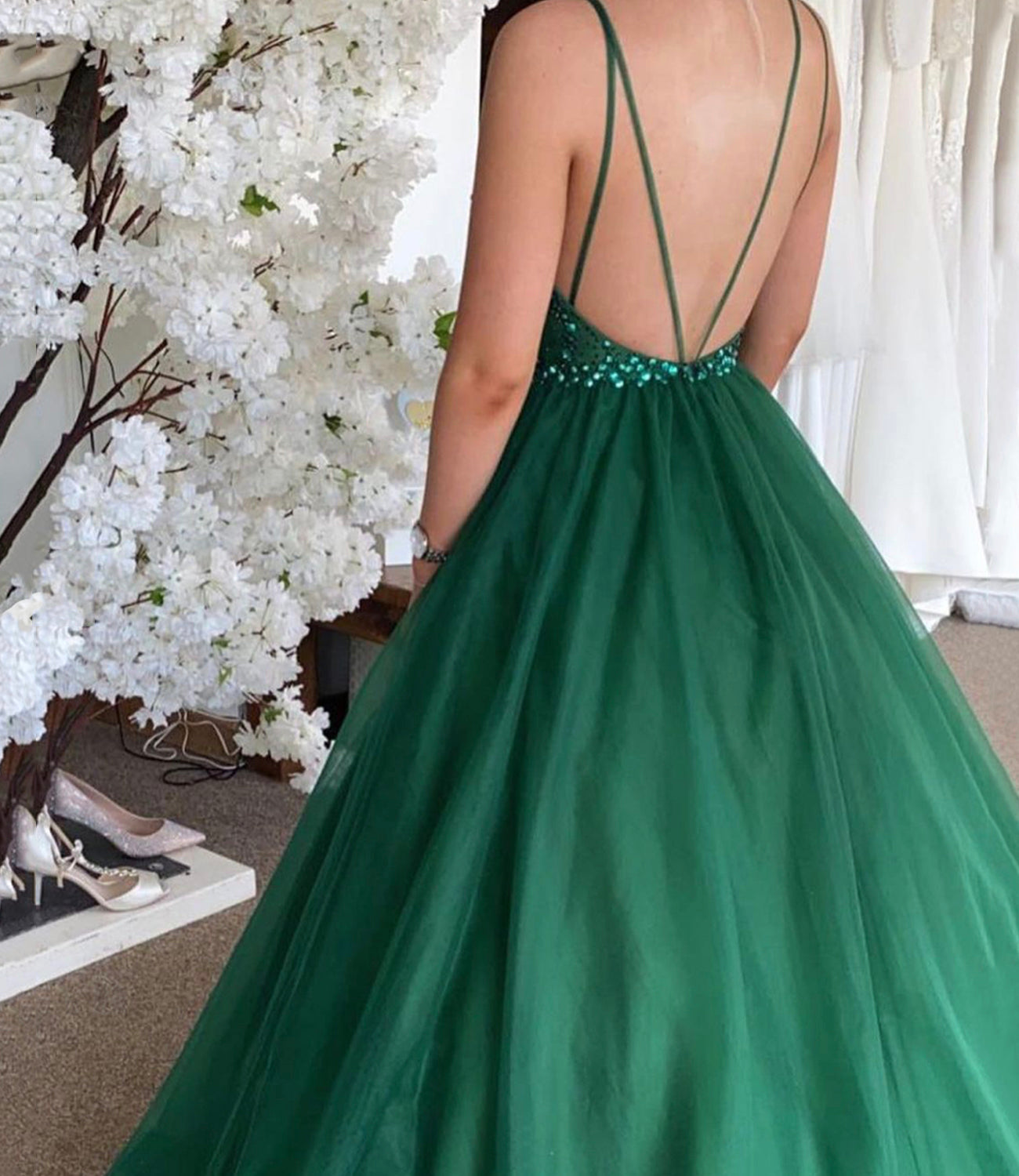 GREEN TULLE SEQUINS LONG A LINE PROM DRESS EVENING DRESS cg21920