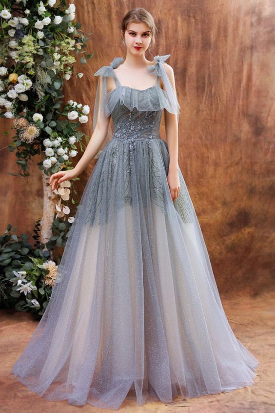 A-line ombre green long formal dress prom dress with tie shoulders cg21929