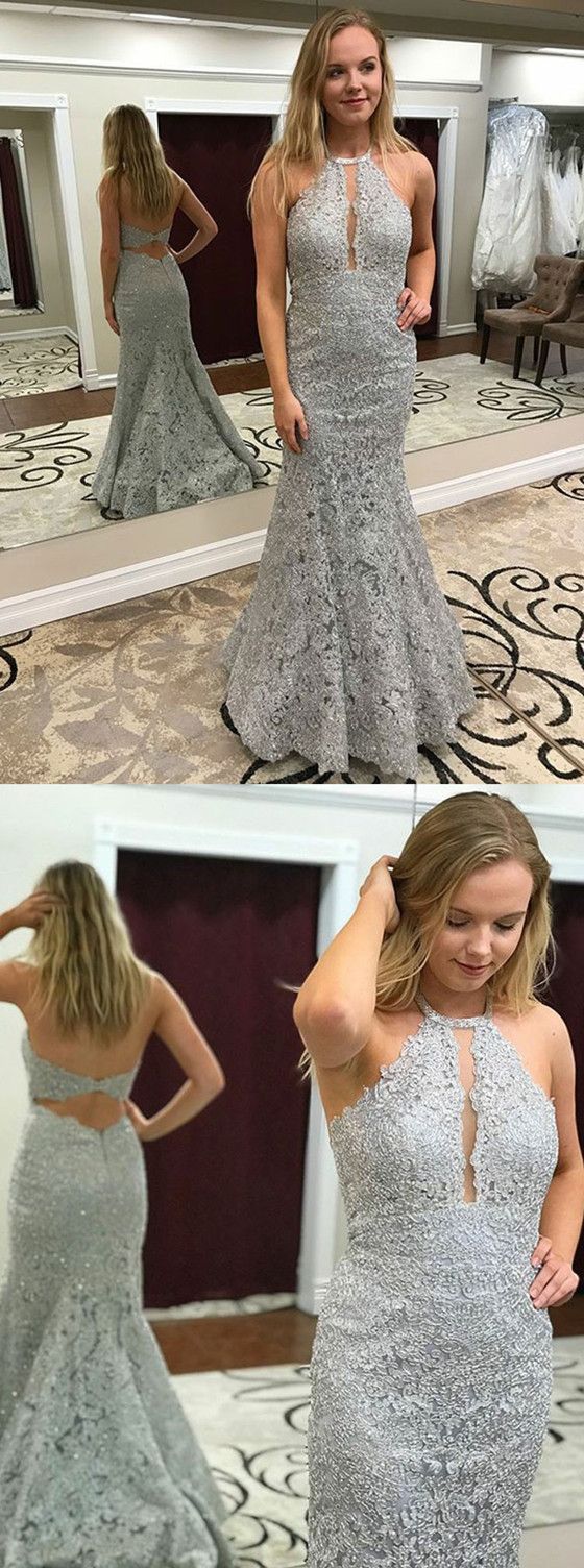 Mermaid Halter Grey Lace Backless Long Prom Dresses cg21932