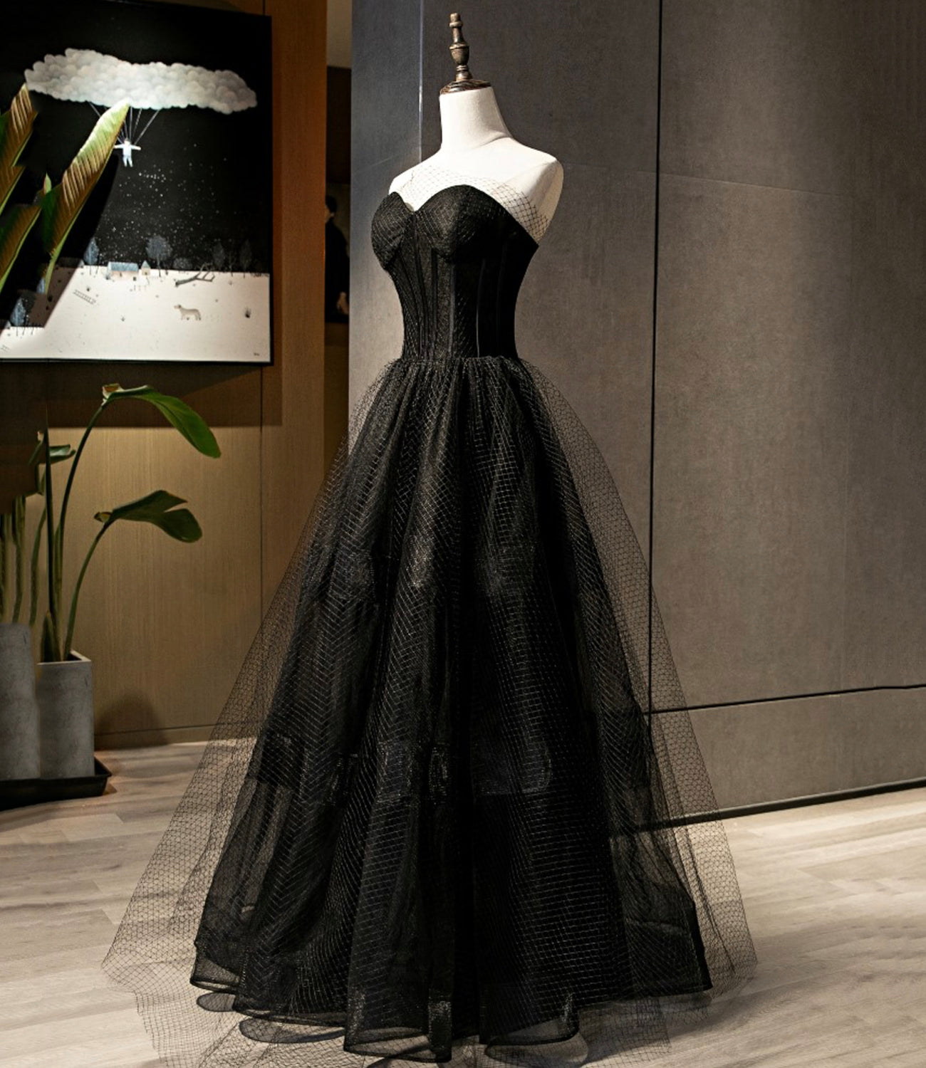 BLACK TULLE LONG A LINE PROM DRESS BLACK EVENING DRESS cg21953