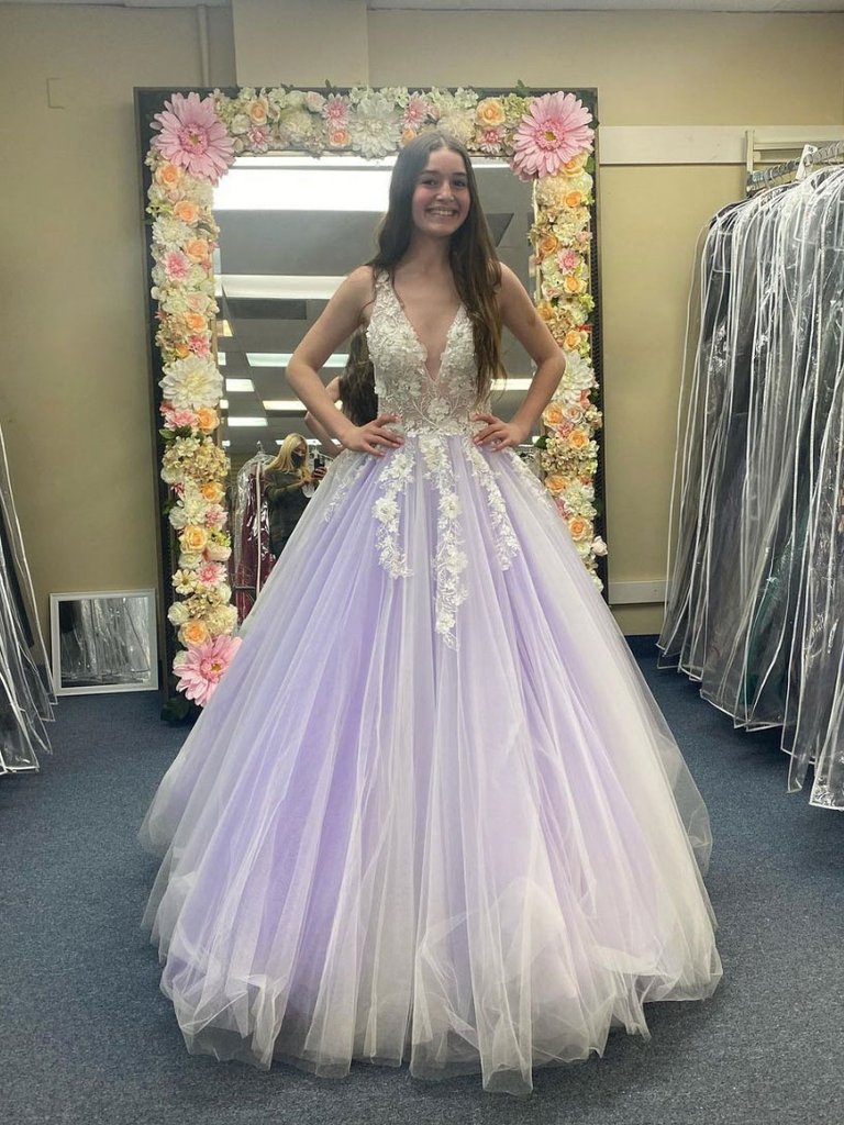 PURPLE V NECK TULLE LACE LONG PROM DRESS PURPLE FORMAL DRESS cg21976