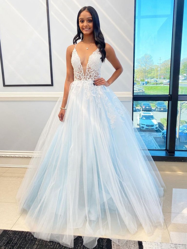 LIGHT BLUE TULLE LACE LONG PROM DRESS TULLE FORMAL DRESS cg21978