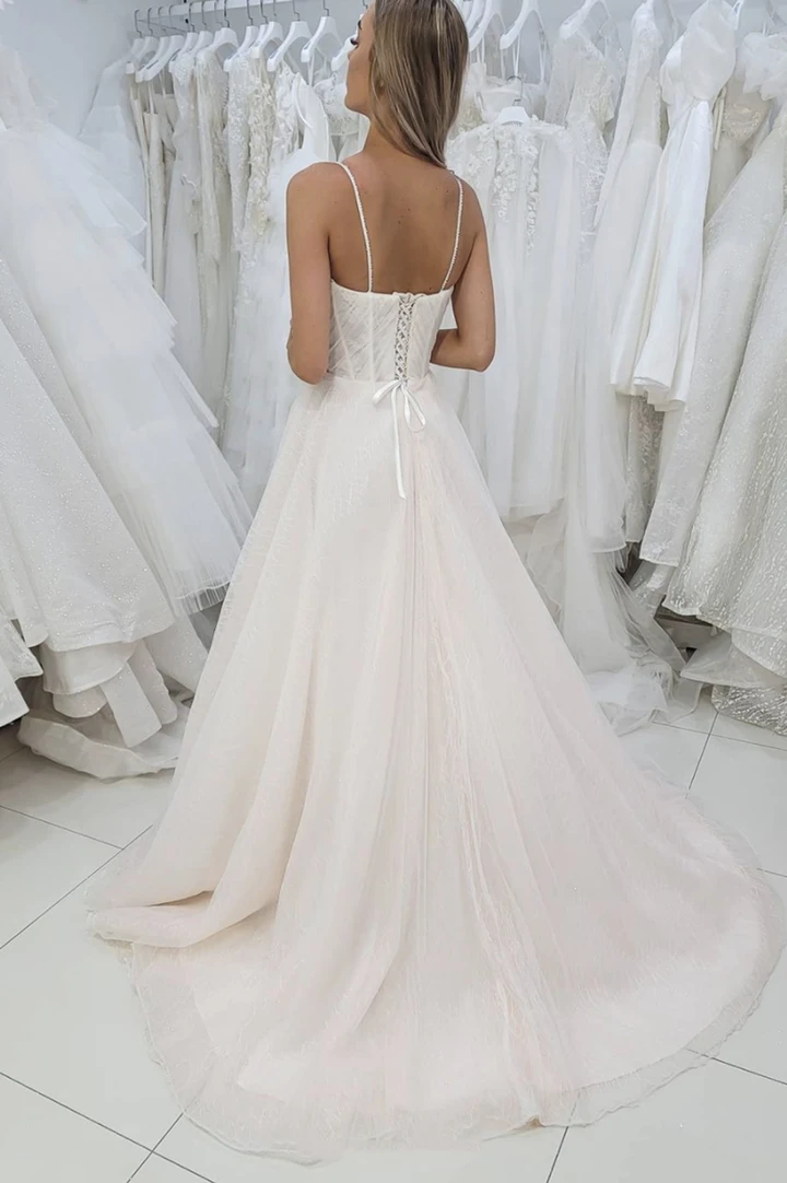 Champagne tulle lace long A line prom dress evening dress cg22023