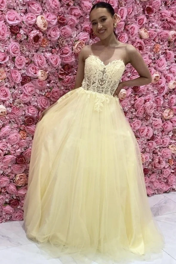 Yellow lace long A line prom dress evening dress cg22025