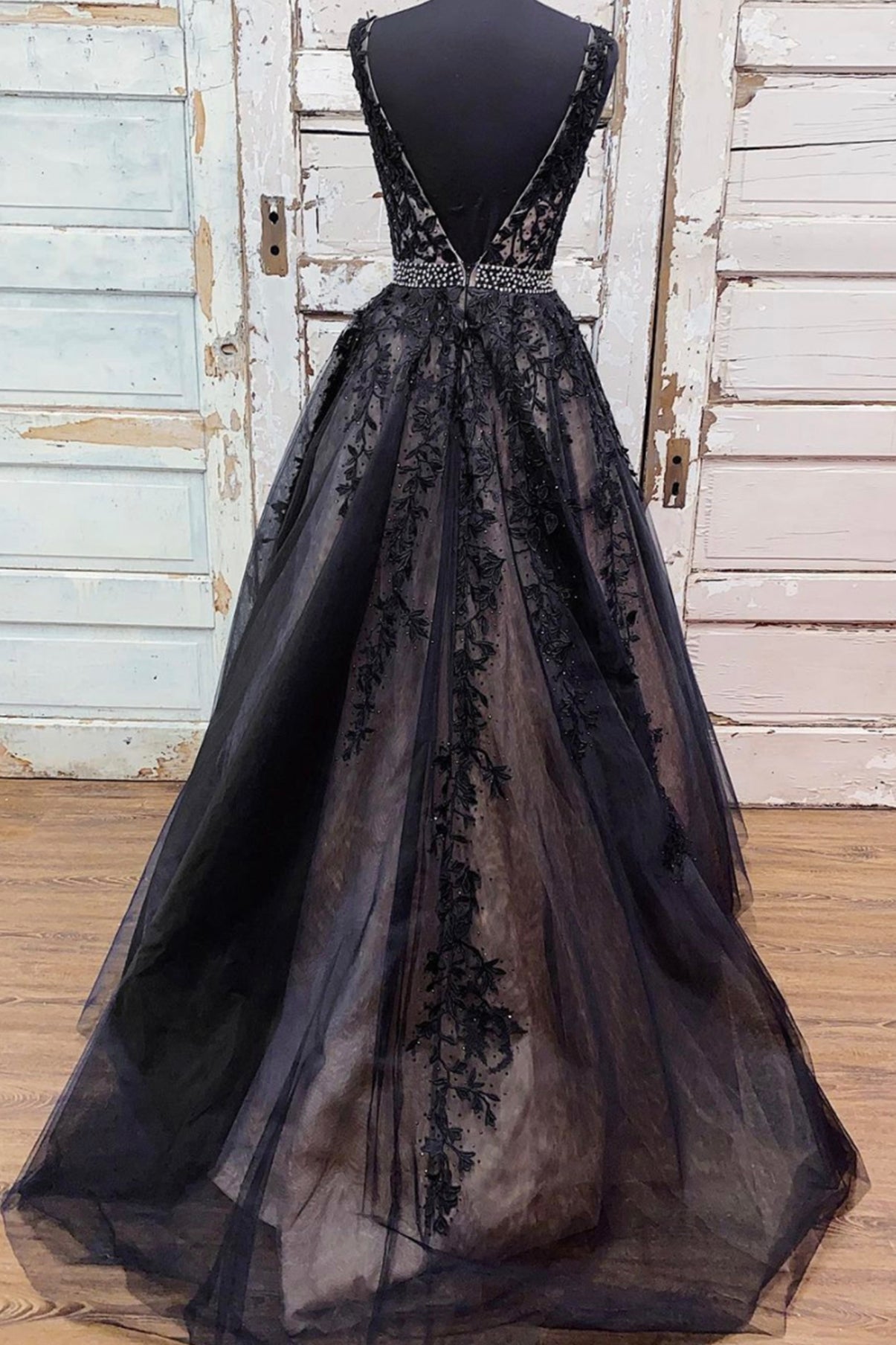 BLACK V NECK LACE LONG A LINE PROM DRESS EVENING DRESS cg22032