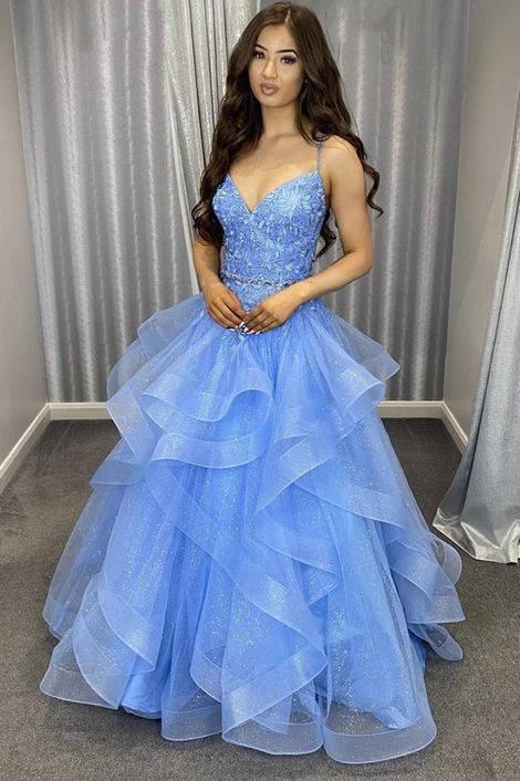 Blue lace long ball gown prom dress A line formal dress cg22049