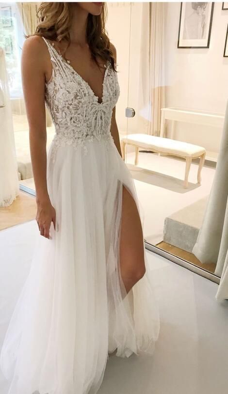 Deep V neck Tulle White Prom Dress, A Line Prom Dresses cg22050