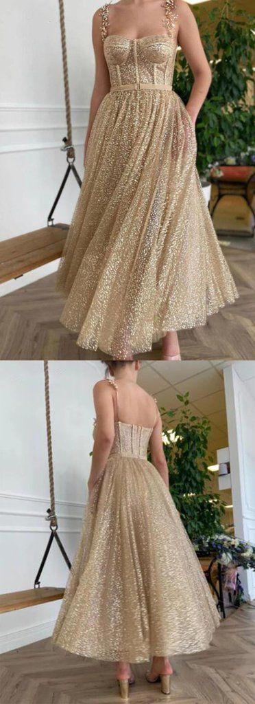 Gold Glitter Teal Length Prom Dresses Straps A Line Short Evening Dress Party dresses Custom Made cg22070