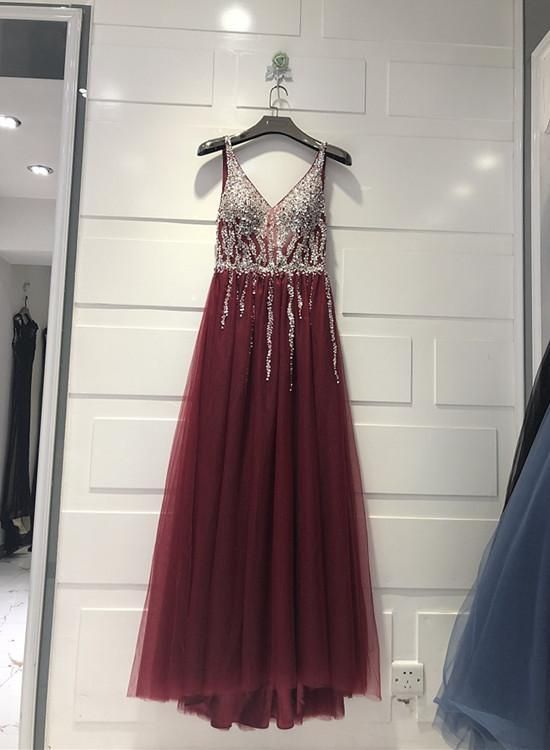 Charming Sparkle Sequins And Beaded Burgundy Party Dress, V-neckline Prom Dress cg22088