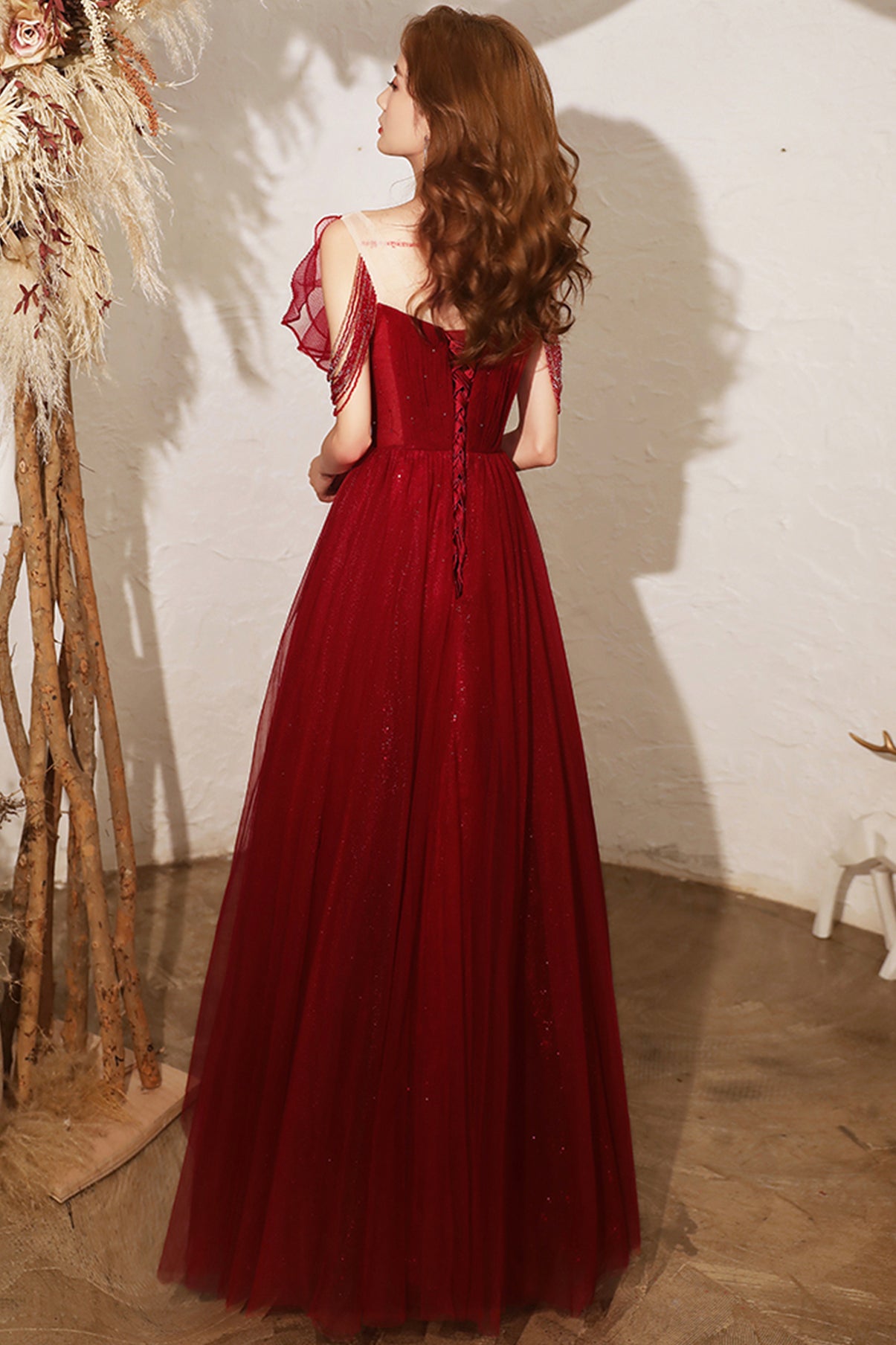 BURGUNDY TULLE LONG A LINE PROM DRESS EVENING DRESS cg22109