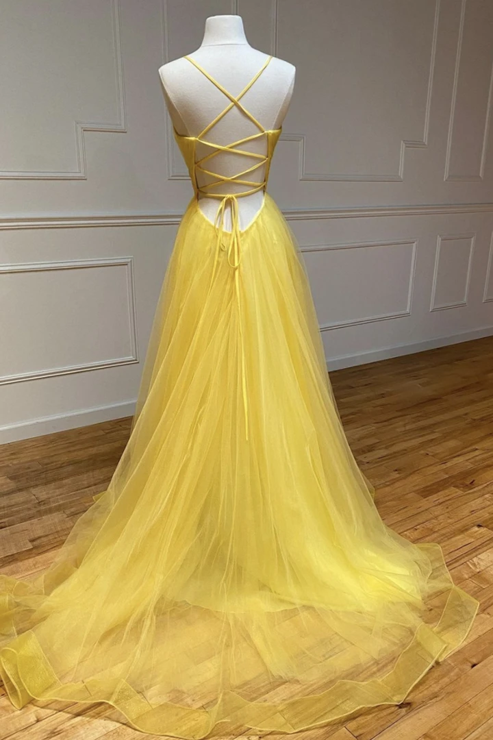 Yellow tulle long A line prom dress evening dress cg22116