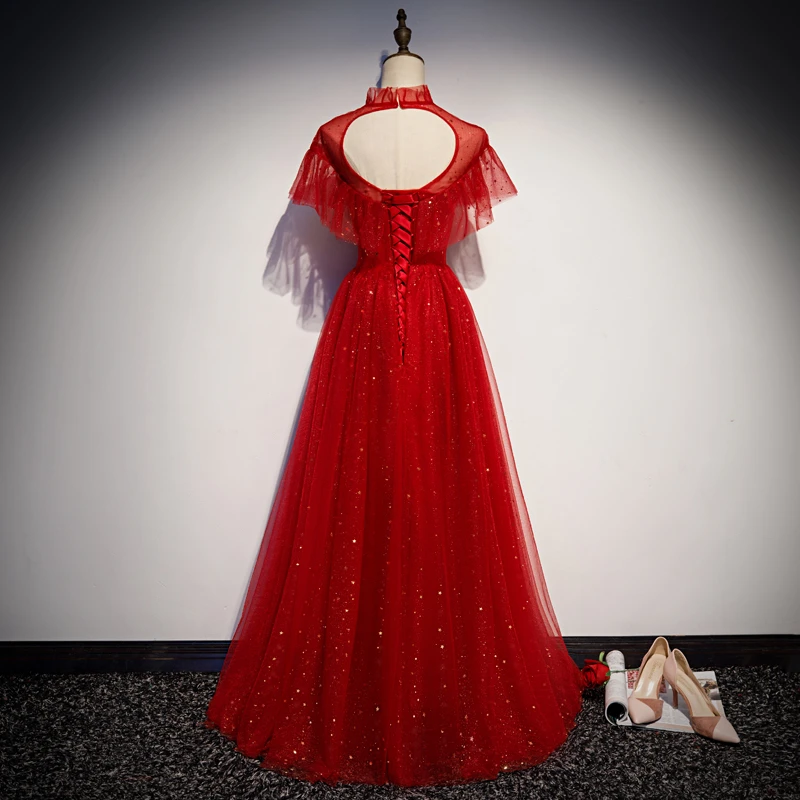 Red Sequins Tulle High Neckline Long Shiny Prom Dress, Red Long Evening Dress Party Dress cg22117