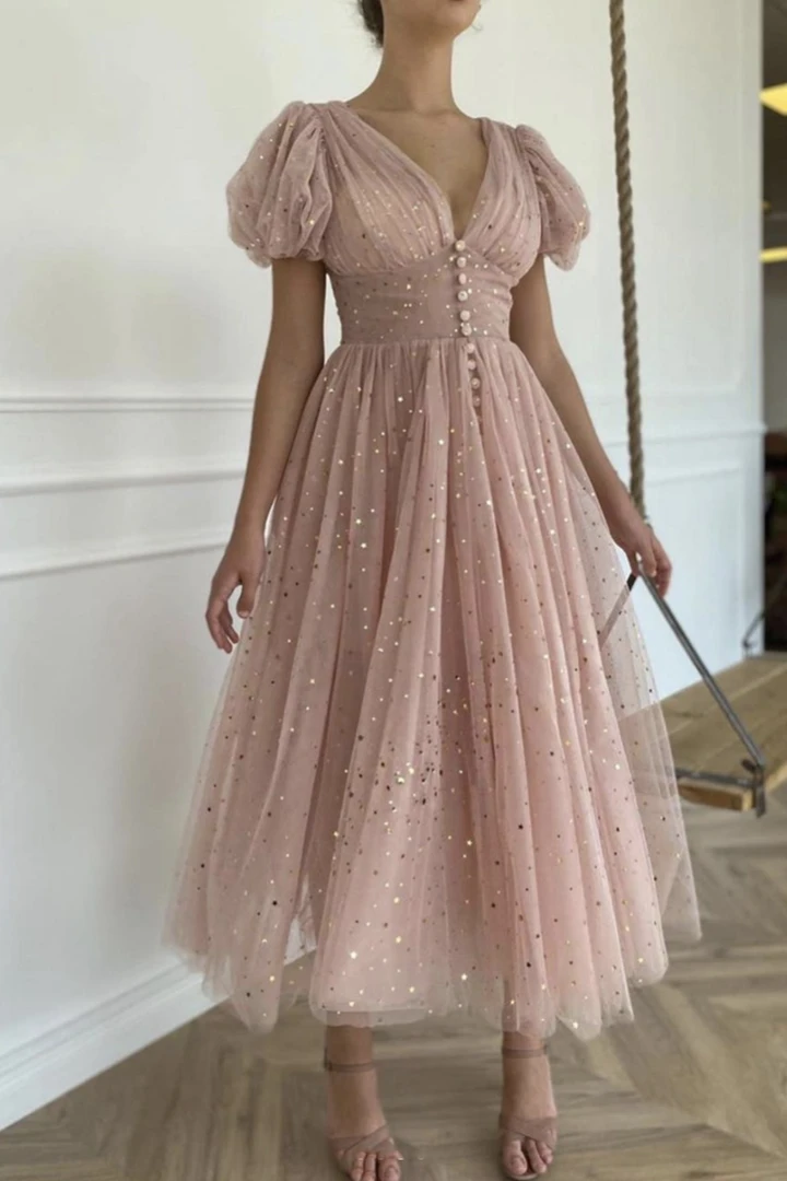 Pink v neck tulle short prom dress party dress cg22162