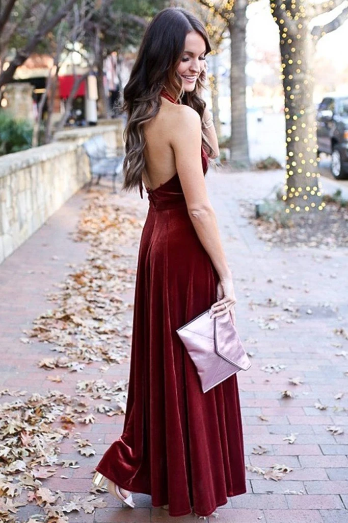 A Line Halter V Neck Backless Ankle Length Burgundy Prom Dresses    cg22164