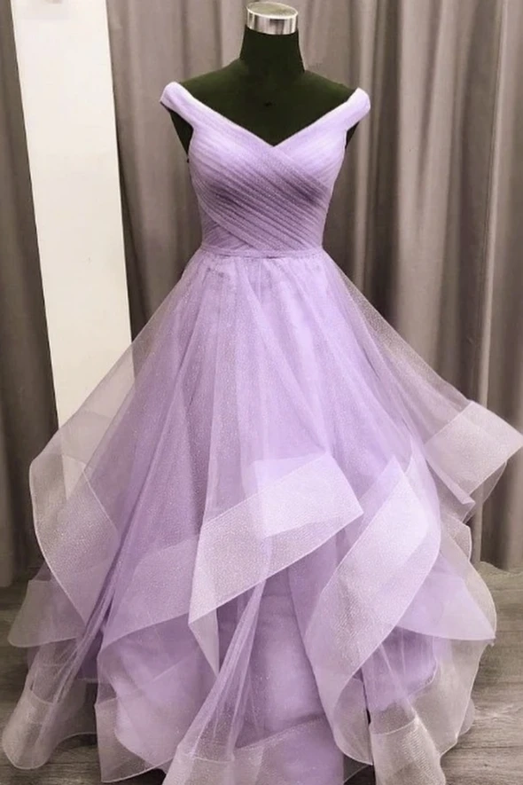 Purple tulle long A line prom dress evening dress cg22167