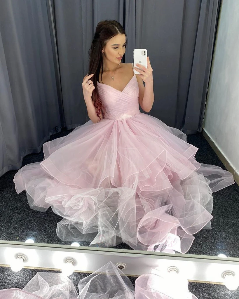 Pink Straps V-Neckline Tulle Long Layers Prom Dresses Party Dress, Pink Tulle Formal Dress cg22169