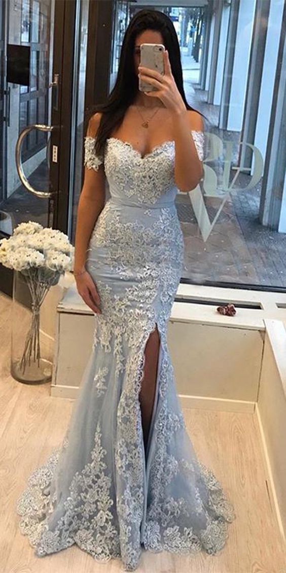 Blue Off the Shoulder Front Split Mermaid Dress Prom Dress cg22176