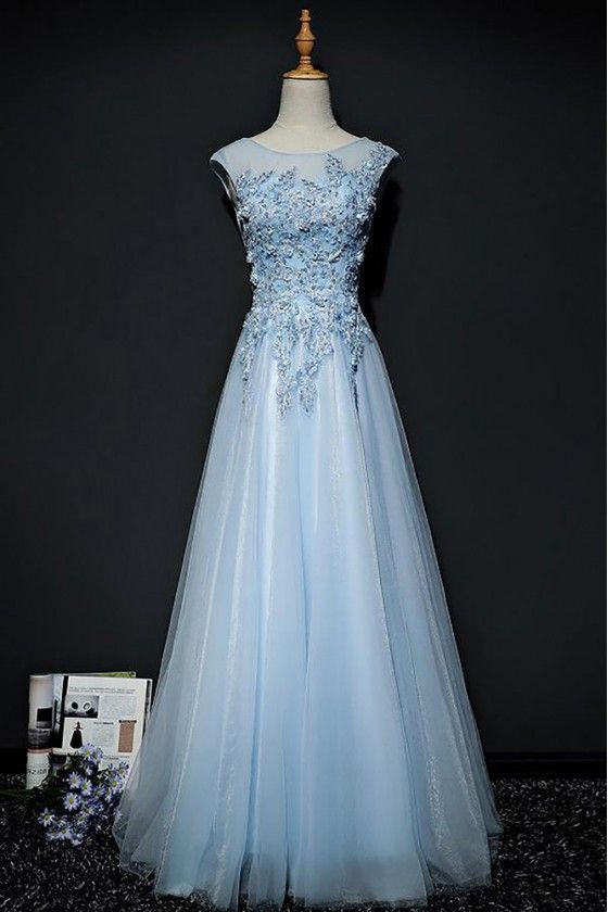 Sky Blue A Line Long Tulle Prom Dress With Lace Cap Sleeves cg22213