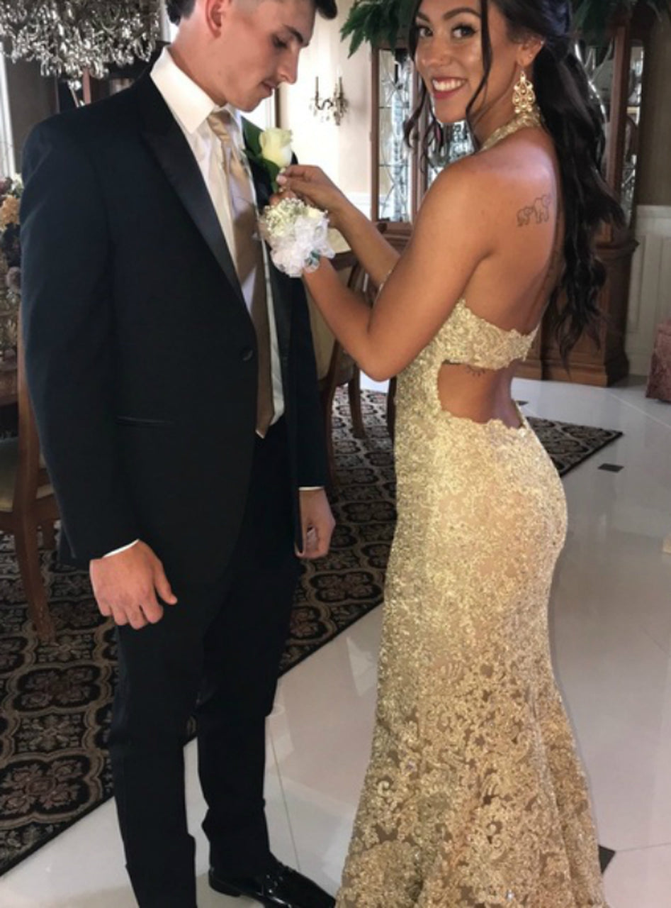 Gold Lace Mermaid V-neck Backless Prom Dress With Beading cg22240