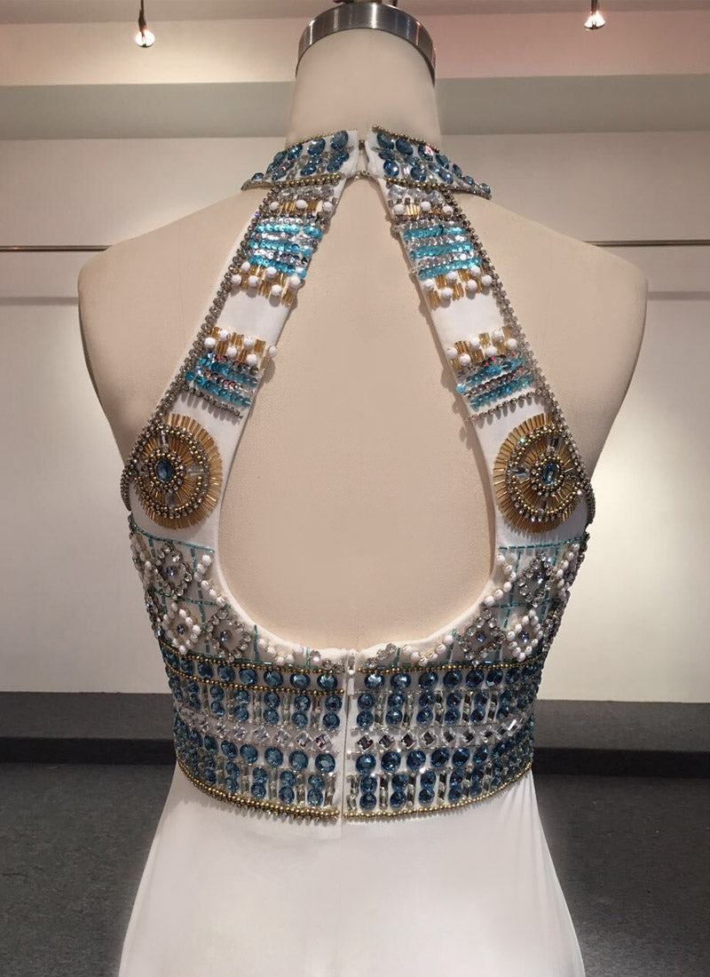 Backless Party Dresses,Sheath High Neck Vintage Evening Gown,Top Sequined Beaded Crystal Princess Prom Dress,Two Straps Long Formal Pageant Dresses cg22246