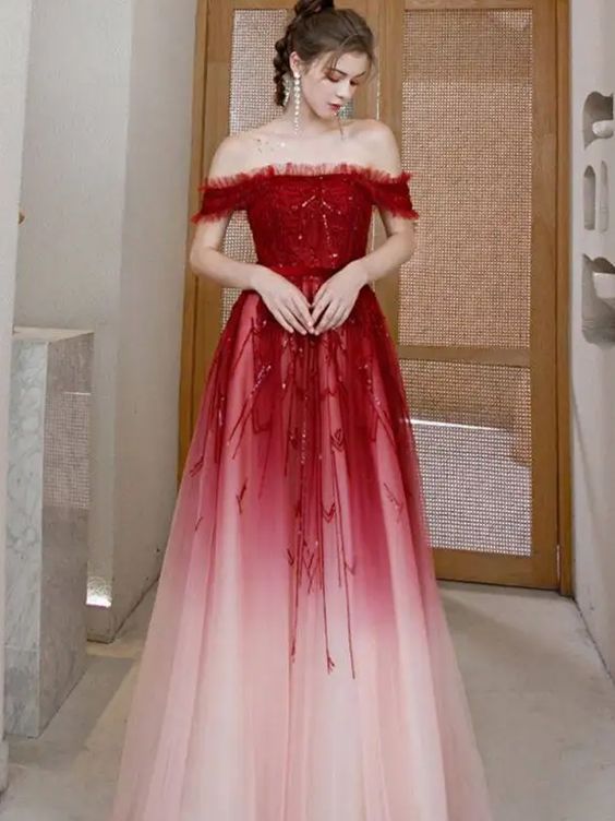 Off The Shoulder Ombre Red Long Evening Prom Dress cg22248