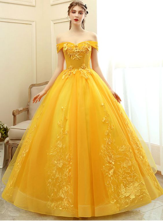 Yellow Tulle Off the Shoulder Appliques Quinceanera Dress prom dress, evening dress cg22252