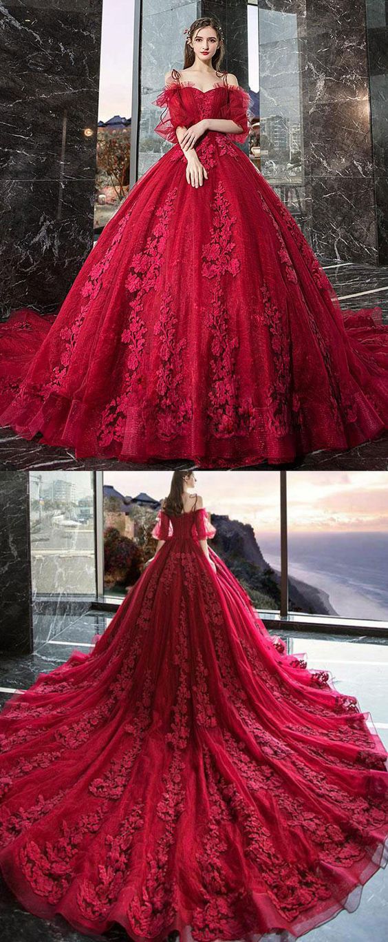 Burgundy sweetheart tulle lace long evening dress, formal prom dress cg22270