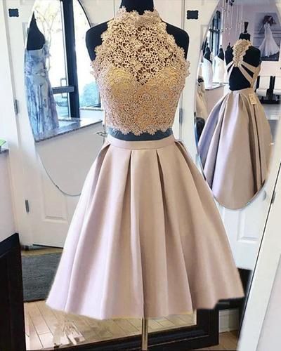 Lace Crop Satin Skirt Two Piece Homecoming Dress cg22303