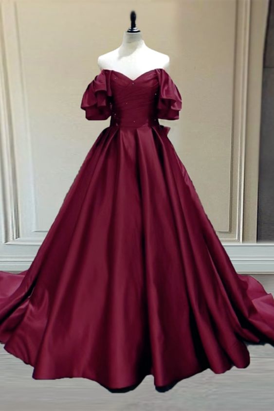 Burgundy Ball Gown Satin Prom Dresses Off The Shoulder Wedding Party Dress cg22311