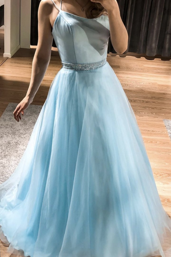 Blue tulle satin long A line prom dress evening dress cg22318