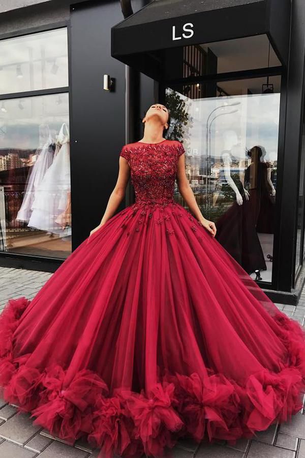 Red Tulle Ball Gown Prom Dress With Appliques, Sweet 16 Dress, Quinceanera Dresses cg22322