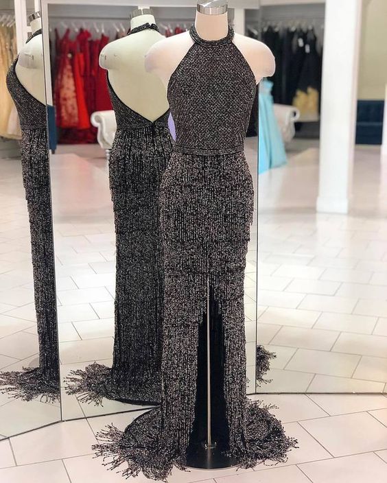 Halter Neck Prom Dress, Front Slit Prom Dress cg22323