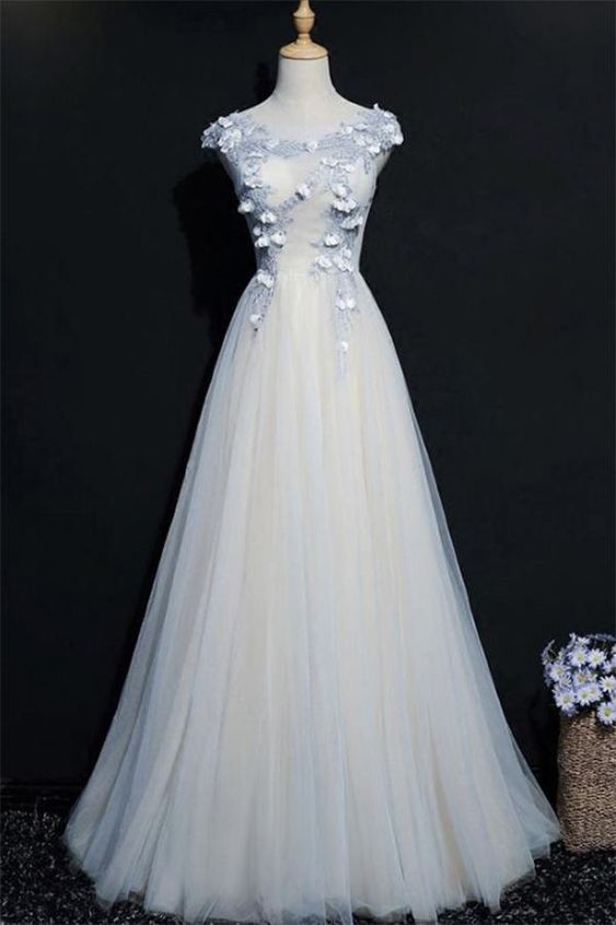 A Line Cap Sleeves Tulle Prom Dress, Floor Length Appliqued Evening Dress with Flowers cg22324
