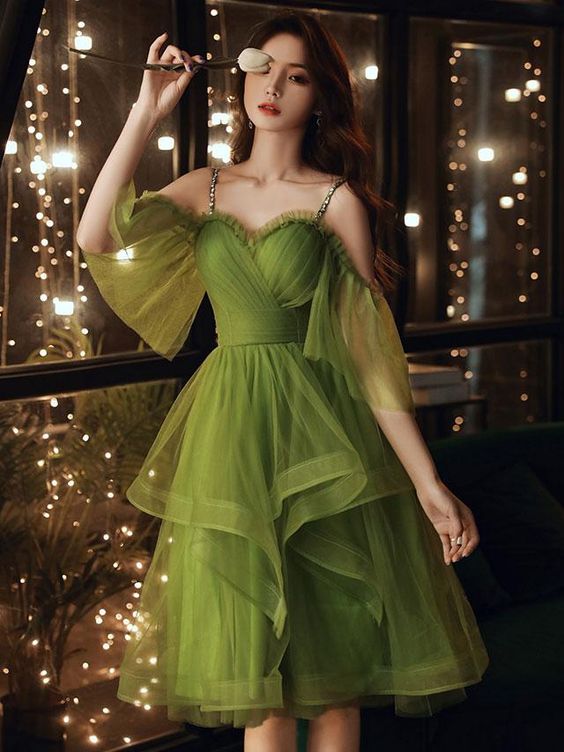 Green Tulle Short Layers Straps Short Party Dress, Cute Short Green Homecoming Dress cg22336