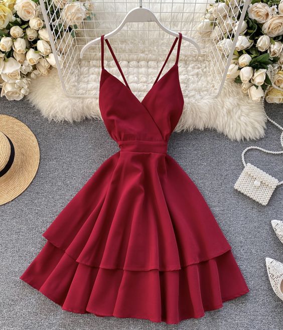 A line v neck short dress summer dress Homecoming Dress cg22349