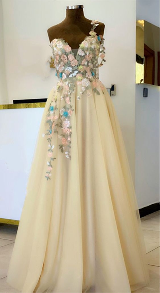 One shoulder prom dresses elegant tulle formal evening gown with 3d flowers cg22357
