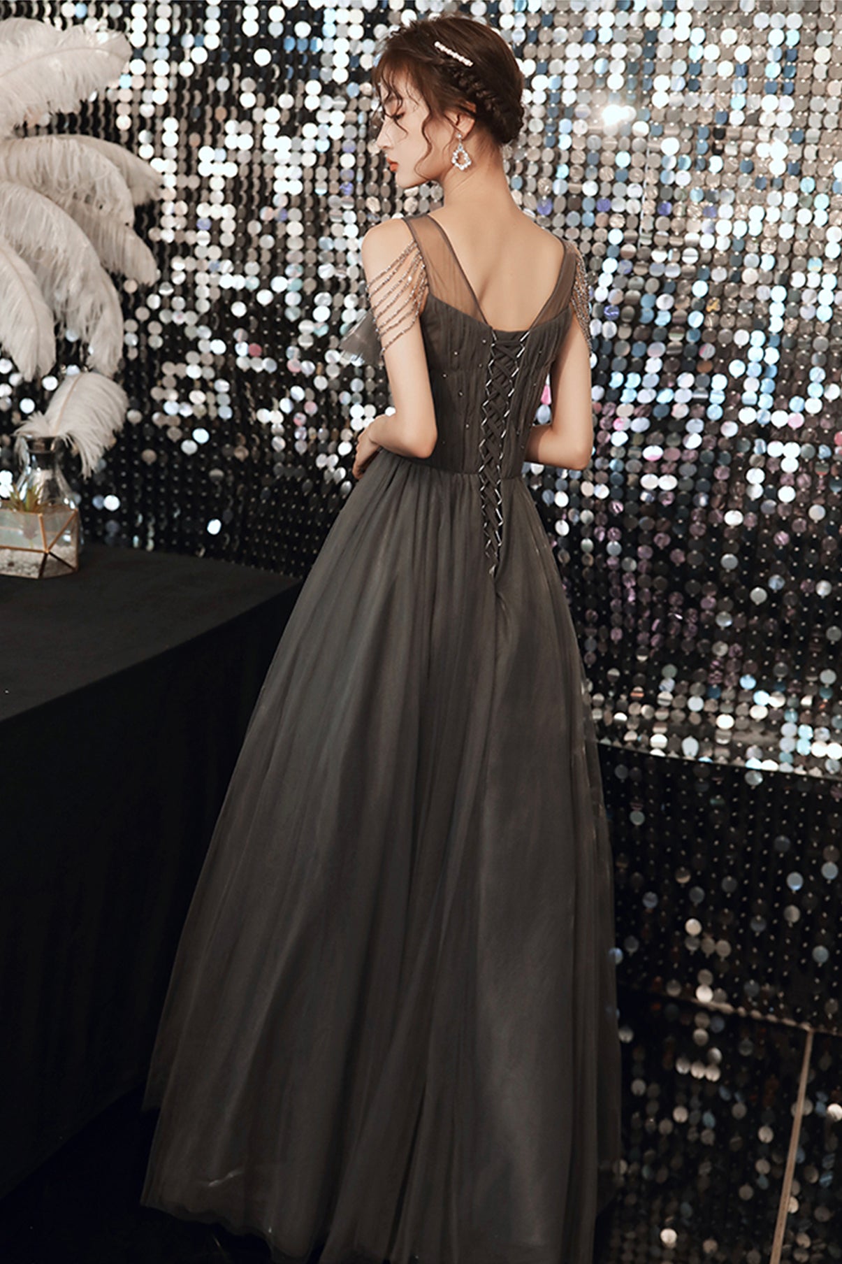 GRAY TULLE LONG A LINE PROM DRESS EVENING DRESS cg22362